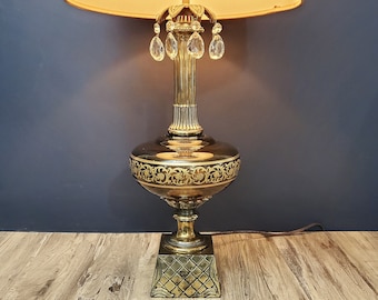 Vintage Hollywood Regency Table Lamp: Antiqued Brass, Crystals, Smoked Glass