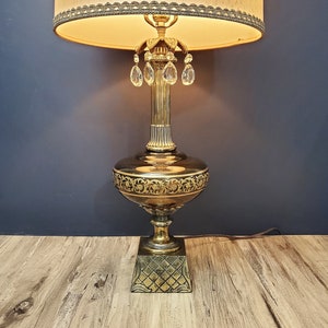 Vintage Table Lamp-Antiqued Brass Finish w/Crystals & Smoked Glass-Ornate Hollywood Regency Decor