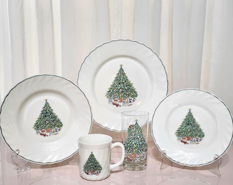 One 5 pc Place Setting-Salem Noel Christmas Dishes with Tree Pattern-French Porcelle