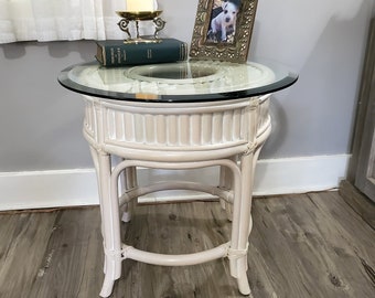 Vintage Round End Table-Glass Top Rattan/Bamboo Whitewashed Boho Decor