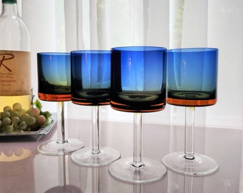 4 MCM Handblown Wine Glasses-Bluerina Ombre Blue to Golden Amber w/Clear Stems