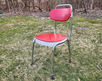 Mid Century Typing Desk Chair on Wheels w/Chrome Frame & Red Vinyl Seat