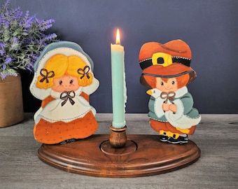 Vintage Wooden Figures Candle Holder-Hand Painted Fall Table Decor