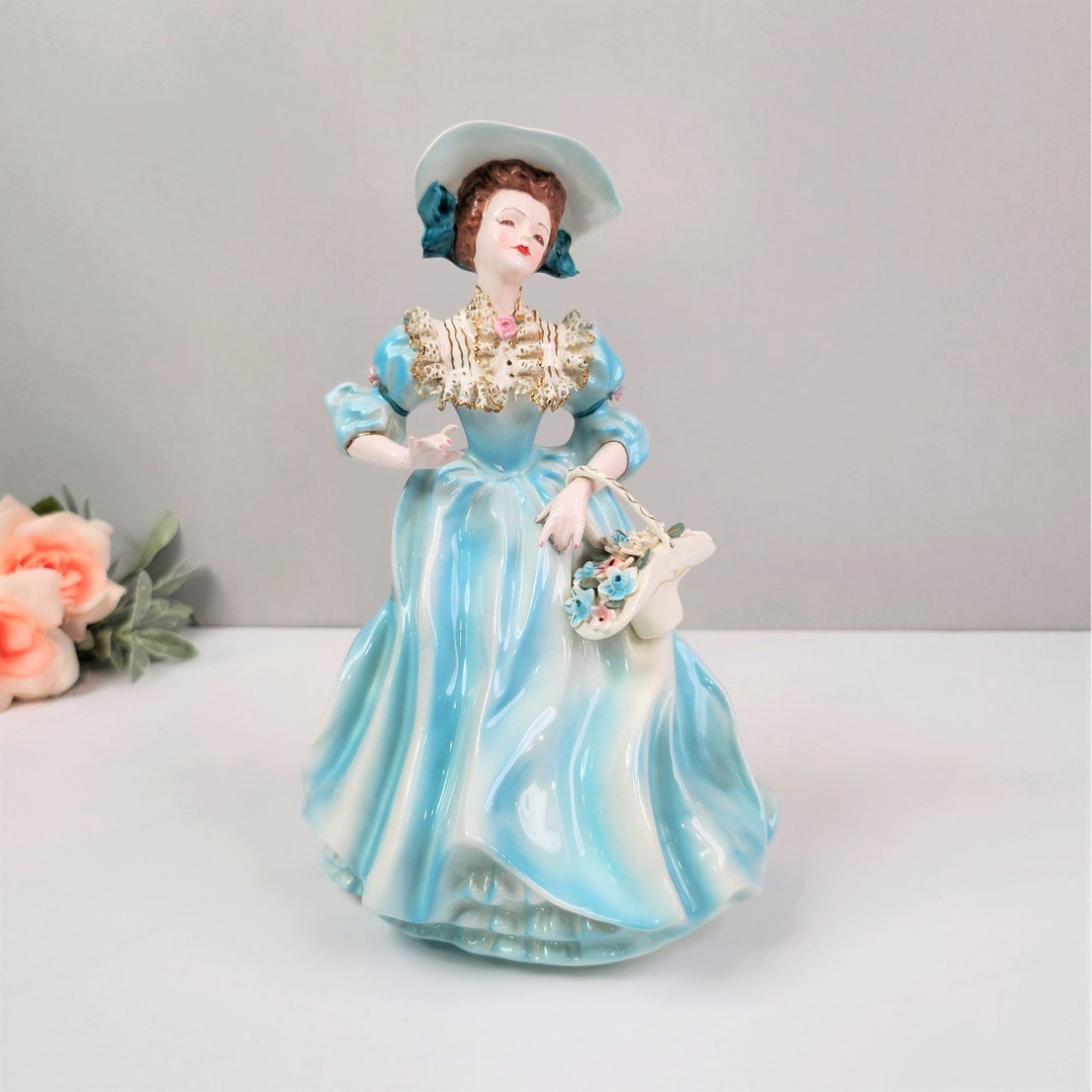 Vintage Florence Ceramics Annabel Figurine Aqua Blue Dress W/basket of