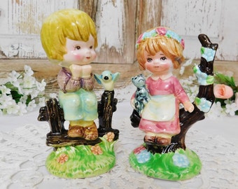 Vintage Napcoware Figurine Pair: Boy with Bluebird & Girl with Cat