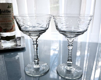 Two Vintage Champagne/Cocktail Glasses w/Floral Pattern & Faceted Long Stem by Rock Sharpe