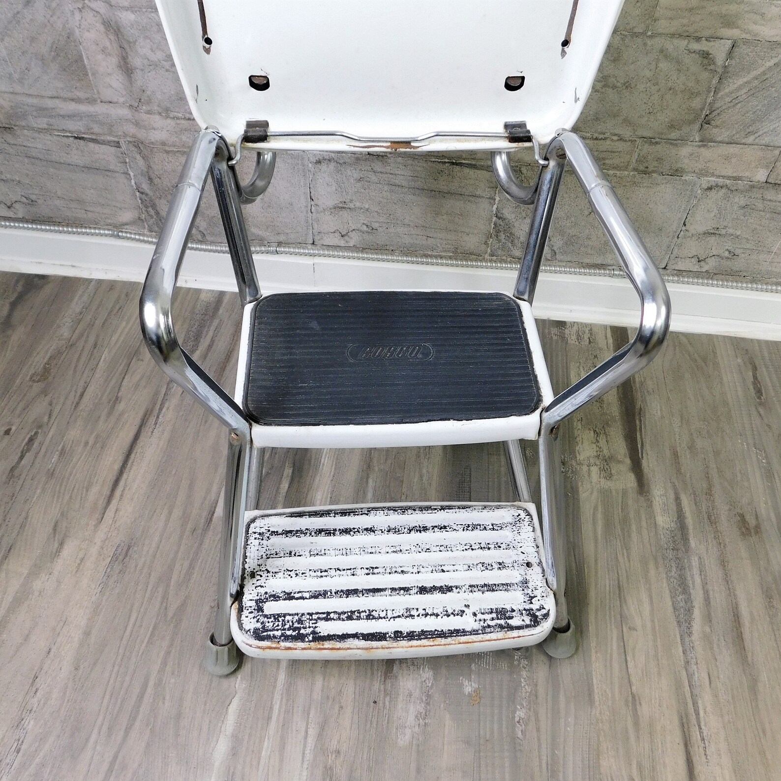 Vintage Low Step Stool Chair de Cosco-Chrome con vinilo blanco | Etsy