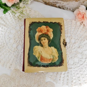 1800s Antique Photo Album w/Victorian Lady Celluloid Cover-Velvet-and 5 Photographs-Display Piece