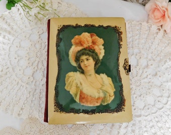 1800s Antique Photo Album w/Victorian Lady Celluloid Cover-Velvet-and 5 Photographs-Display Piece