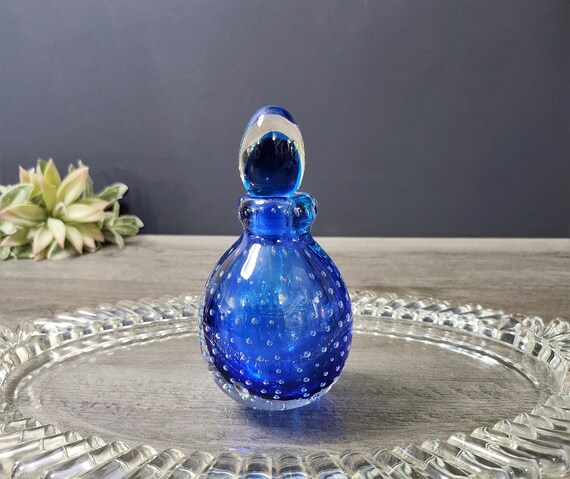 Vintage Hand Blown Perfume Bottle-Blue Murano Art… - image 1