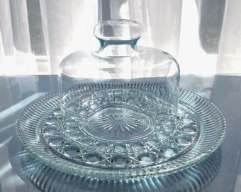 Vintage Indiana Glass Windsor Cheese & Cracker Plate w/Cloche Dome Lid in Original Box