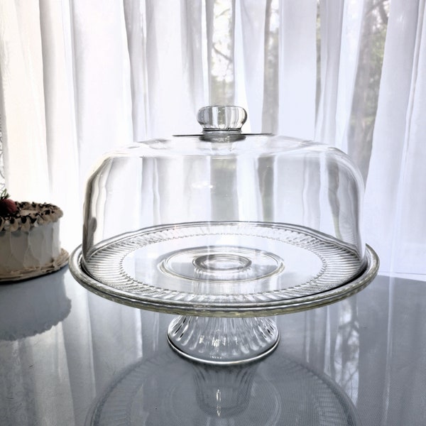Vintage Cake Stand w/Dome Lid-Covered Pedestal Cake Plate/Punch Bowl with Rib Pattern