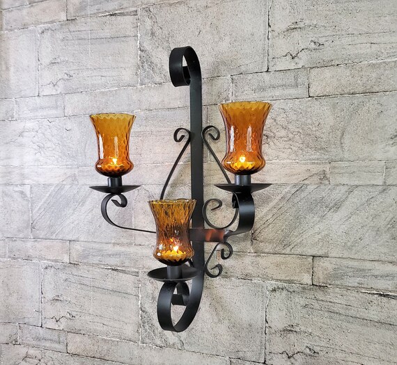 Black Wrought Iron Candle Sconcescrolled W/3 Gold Candle Etsy