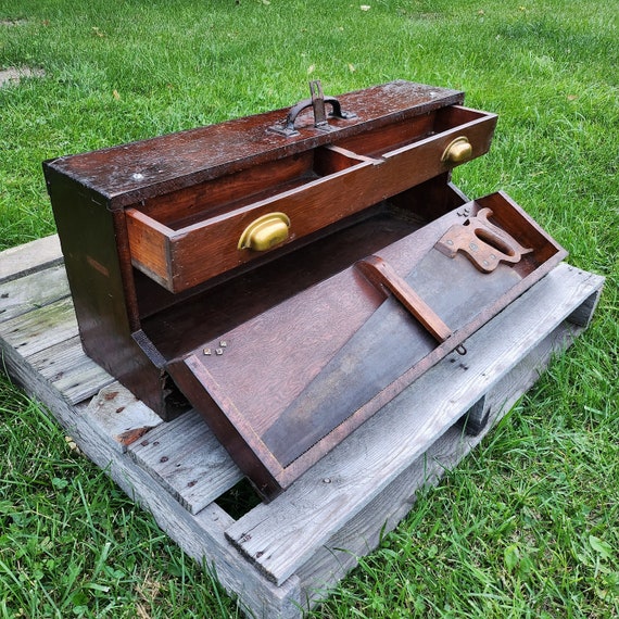 Antique/vintage Wooden Tool Box W/drawer & Hand Saw-carpenters Storage Chest  
