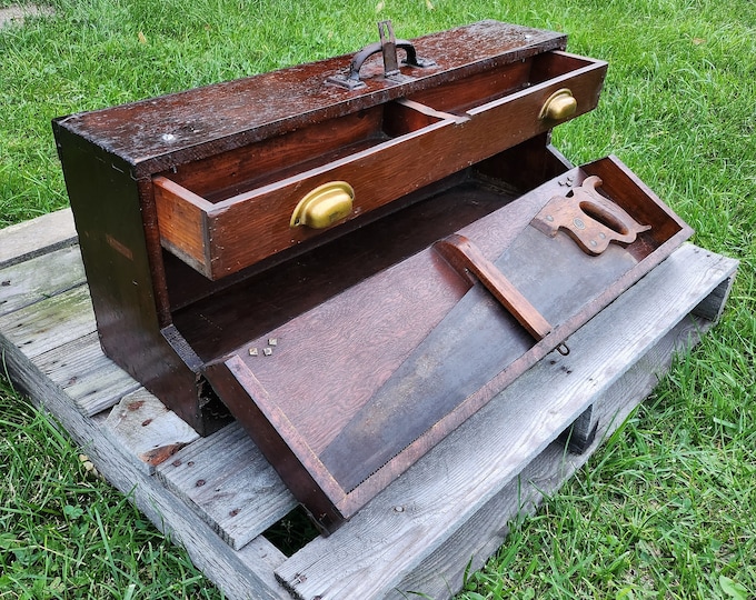 Antique/vintage Wooden Tool Box W/drawer & Hand Saw-carpenters Storage ...