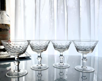 4 Vintage Champagne Coupes/Cocktail Glasses with Criss-Cross & Laurel Leaf Cuts