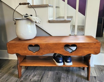 Vintage Wood Bench w/Shoe Storage Shelf & Hearts-Entryway Seating