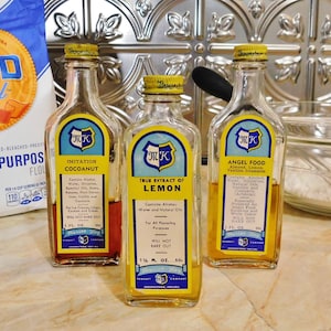 Three Vintage Bottles of Flavoring-Retro Kitchen Decor-Marion Kay Lemon Extract Angel Food & Cocoanut image 1