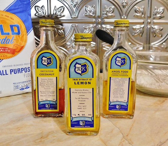 Three Vintage Bottles of Flavoring-Retro Kitchen Decor-Marion Kay Lemon Extract Angel Food & Cocoanut