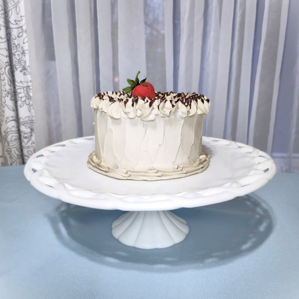 Vintage Colony Milk Glass Cake Stand w/Lace Lattice Edge-Pedestal Dessert Plate