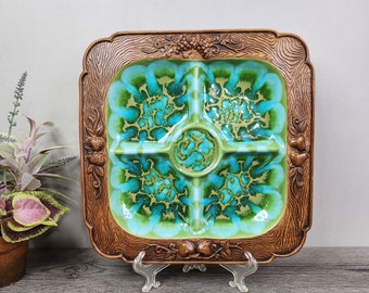 Mid-Century Treasure Craft Divided Serving Dish/Tray-Wood Grain Ceramic w/Turquoise & Green