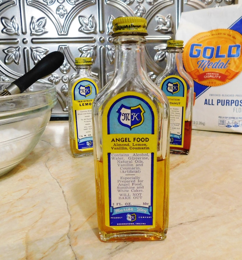 Three Vintage Bottles of Flavoring-Retro Kitchen Decor-Marion Kay Lemon Extract Angel Food & Cocoanut image 2