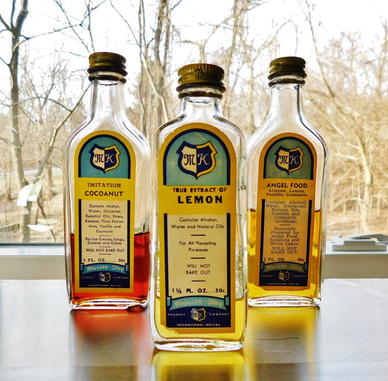 Three Vintage Bottles of Flavoring-Retro Kitchen Decor-Marion Kay Lemon Extract Angel Food & Cocoanut image 9