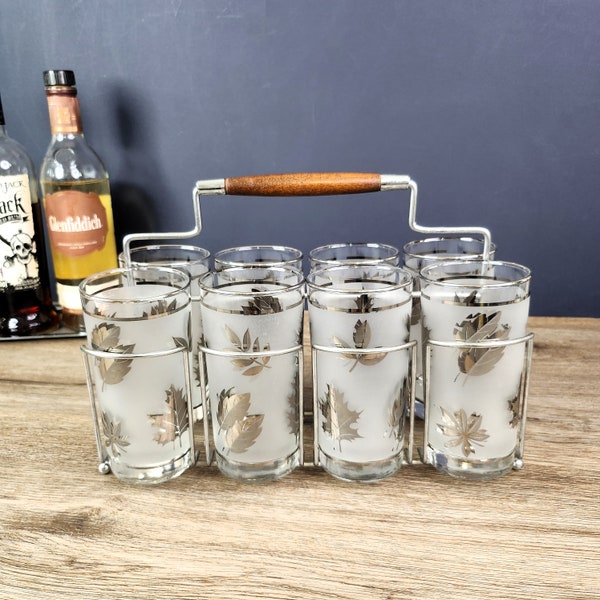 8 Vintage Libbey Silver Leaf Foliage Tumblers/Highball Glasses in Chrome Caddy w/Wood Handle