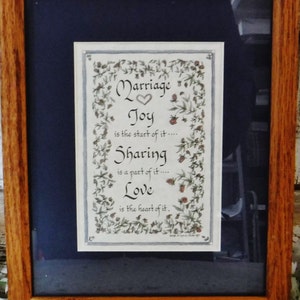 Framed Print Love-Marriage-Joy-Sharing/Vintage Calligraphy Gift for Bride-Wedding by Lynn Parker