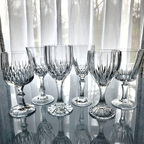 6 Mismatched Crystal Wine Glasses-Vintage Mixed Stemware Set