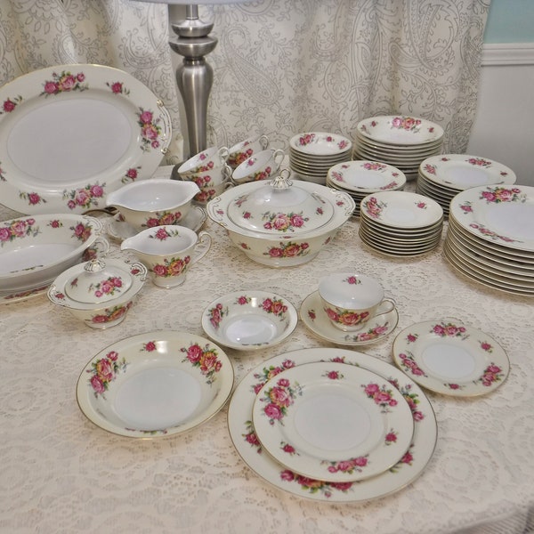 77 Pc China Dinnerware Service for 10+Platters-Covered Vegetable-Serving Bowl-Sugar & Creamer-Gravy Boat/Jyoto Rose Pattern Occupied Japan