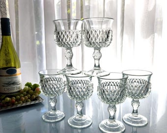 6 Indiana Glass Diamond Point Wine Glasses-Vintage Barware