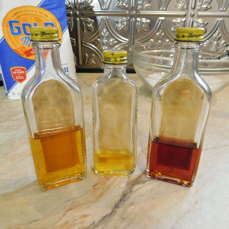 Three Vintage Bottles of Flavoring-Retro Kitchen Decor-Marion Kay Lemon Extract Angel Food & Cocoanut image 6