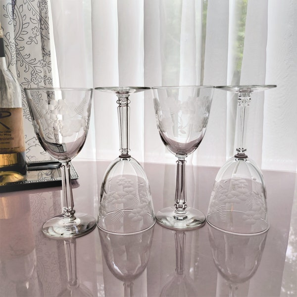 4 Vintage Libbey Water/Wine Glasses-Cut & Etched Floral Crystal Garland Pattern