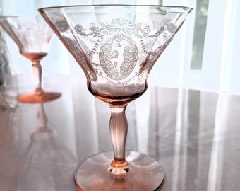 ONE Vintage Morgantown Sunrise Medallion Pink Low Sherbet/Champagne/Cocktail Glass-Etched Depression Glass