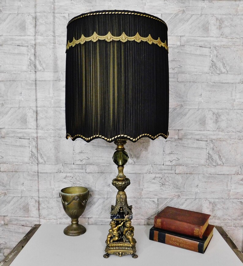 Tall Vintage Cherub Lamp W Shade Putti Black Italian Marble Ornate Baroque Table In Antiqued Brass Finish
