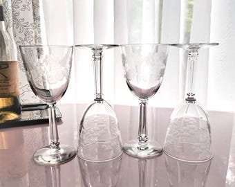 4 Vintage Libbey Water/Wine Glasses-Cut & Etched Floral Crystal Garland Pattern