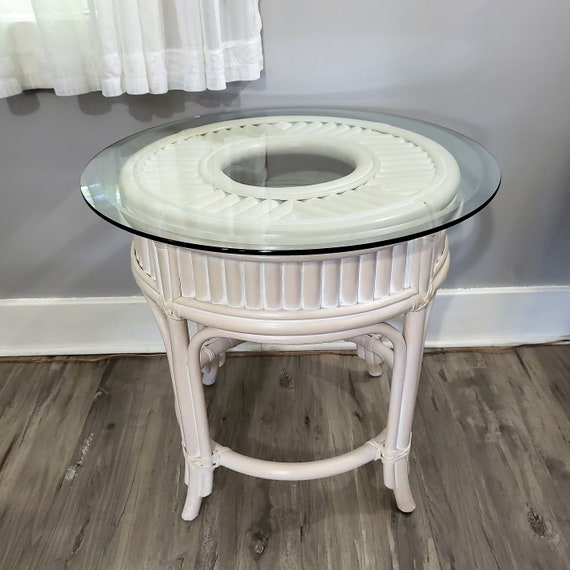 Vintage Round End Table-Glass Top Rattan/Bamboo Whitewashed Boho Decor