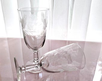 2 Vintage Stemmed Juice Glasses-Etched Crystal Garland by Libbey