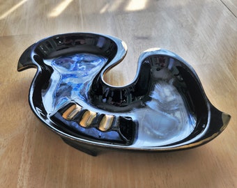 Mid-Century Modern Ashtray-Black Abstract Shape Ceramic w/Gold-Tilso Japan