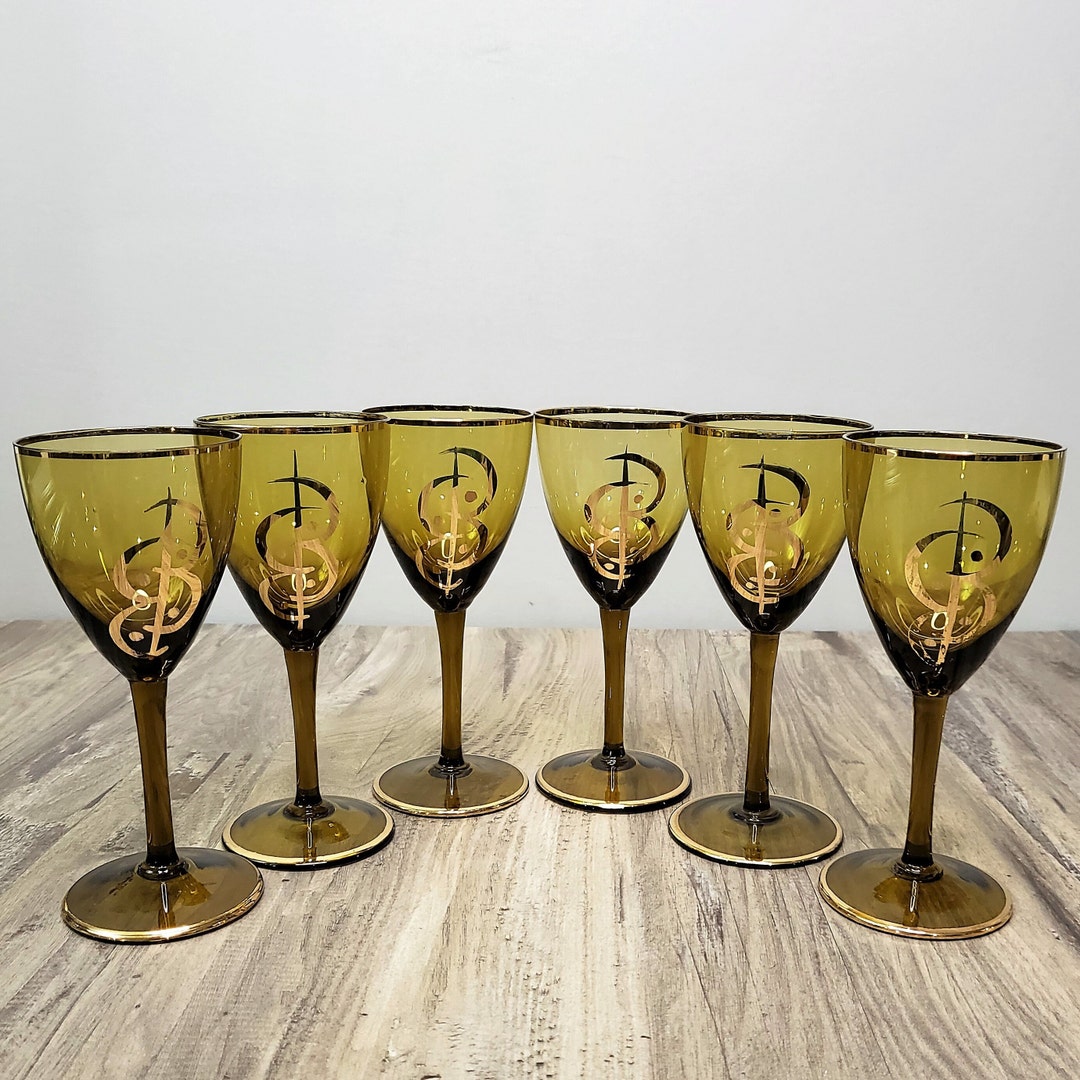 Set of 6 Olive Green Wine Glasses W/gold Trimvintage Mid Etsy