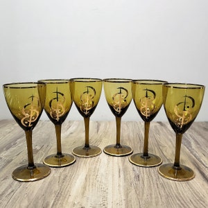 Set of 6 Green Cocktail Glasses w/Gold Olives & Trim-Vintage Mid Century Bar Ware