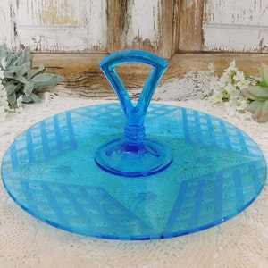Vintage McKee Blue Glass Center Handled Serving Tray for Desserts/Tea Sandwiches/Tidbits-Wheel Cut Star Pattern