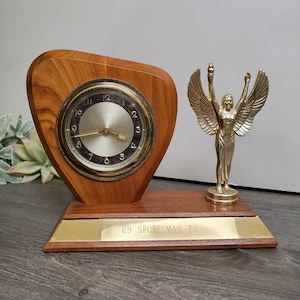 Vintage Trophy Desk Clock-Wood w/Winged Lady 1969-70 Sportsman Award