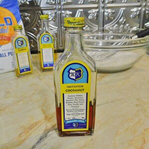 Three Vintage Bottles of Flavoring-Retro Kitchen Decor-Marion Kay Lemon Extract Angel Food & Cocoanut image 4