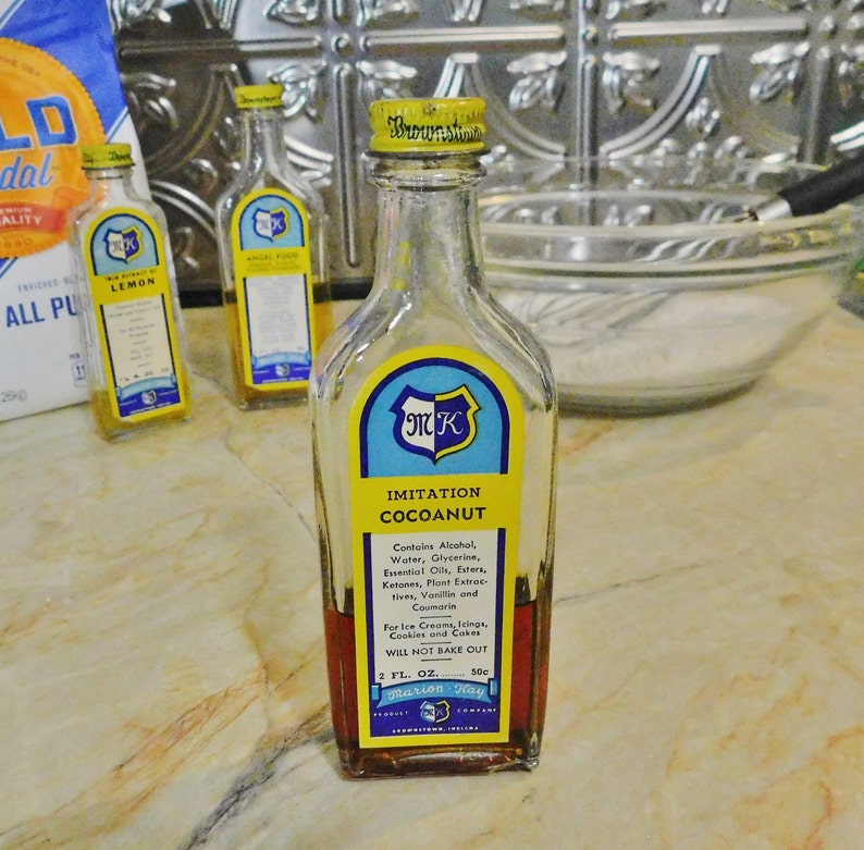 Three Vintage Bottles of Flavoring-Retro Kitchen Decor-Marion Kay Lemon Extract Angel Food & Cocoanut image 4