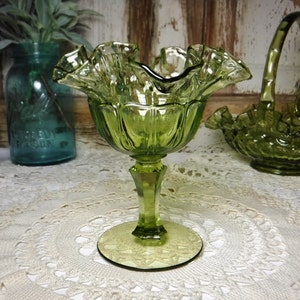 Vintage Green Glass Ruffled Edge Candy Dish Bowl w/Footed Pedestal-Red Cliff Sydenham