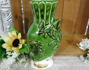 Ceramic Vase/Roosters/Country Kitchen Farmhouse Decor/60's/Green/White/3Dimentional Raised Relief/Japan/Vintage