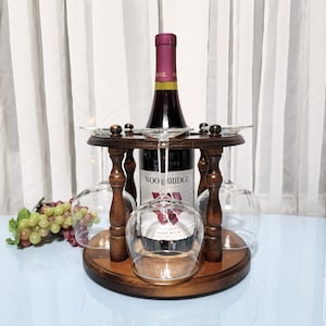 Vintage Wood Wine Bottle Caddy w/Set of 4 Wine Glasses (Wine Not Included)