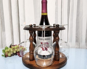 Vintage Wine Glass Set with Wood Bottle Caddy - 1970s Barware